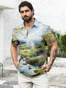 Manfinity Homme Men'S Plus Size Scenery Print Button Up Short Sleeve Shirt - Multicolor - View 1