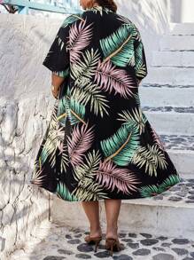 SHEIN Clasi Plus Size Summer Boho Set Of Random Printed Kimono Top And Shorts With Slant Pockets - Black - View 2