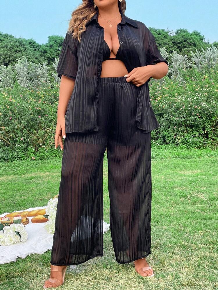Plus Size Women's Loose See-Through Short Sleeve Shirt, Halter Tank Top And Pants 3pcs Set