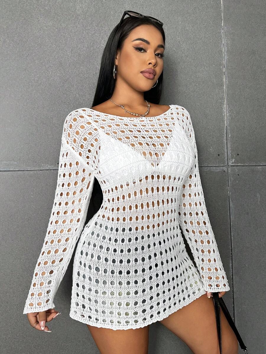 Flirla Plus Size Women's Round Neck Drop Shoulder Long Sleeve Hollow Out Sweater Dress - White - View 1