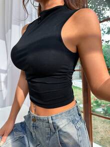 SHEIN Unity Áo crop top cổ đứng đơn giản màu trơn - màu đen - Xem 3