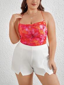 SHEIN Privé Kích thước lớn Của phụ nữ Lãng mạn Mùa Xuân Hoa Lưới In Cami ngọn , trái cam , Không tay Ngắn Chiều dài , Thích hợp Cho du lịch , Kỳ nghỉ Và In Mùa hè - Nhiều màu - Xem 1