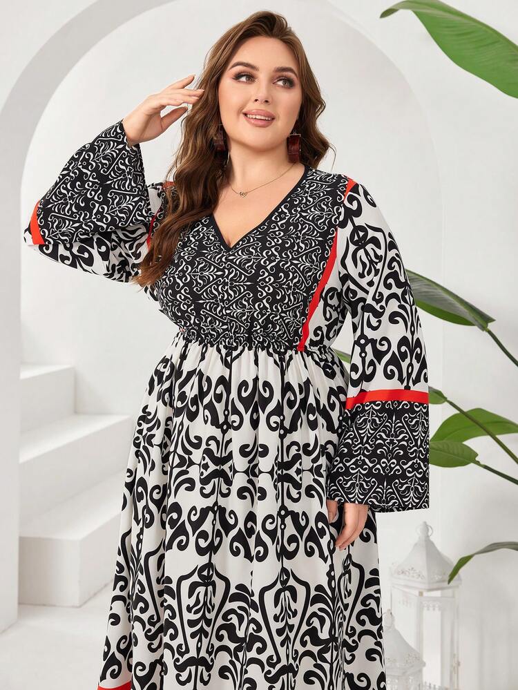 Plus Graphic Print V-Neck Bell Sleeve Dress