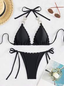 Swim SXY Conjunto de bikini de mujer con decoración de tachuelas de strass para playa de verano - Negro - Ver 8