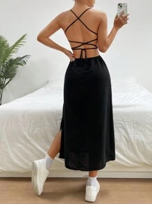 SHEIN EZwear Vestido Cami Con Dobladillo Dividido Y Color Sólido - Negro - Ver 2