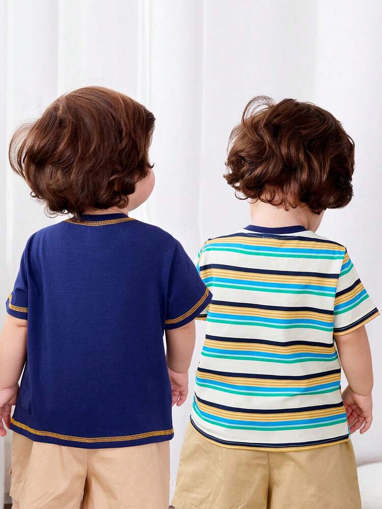 Baby Boy Casual Striped & Cartoon Pattern Color Block Short Sleeve Tops Two Pieces Set