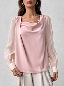 SHEIN Privé Giải trí Áo cổ bò Chèn Lace mỏng Áo sơ mi - Hồng - Xem 4