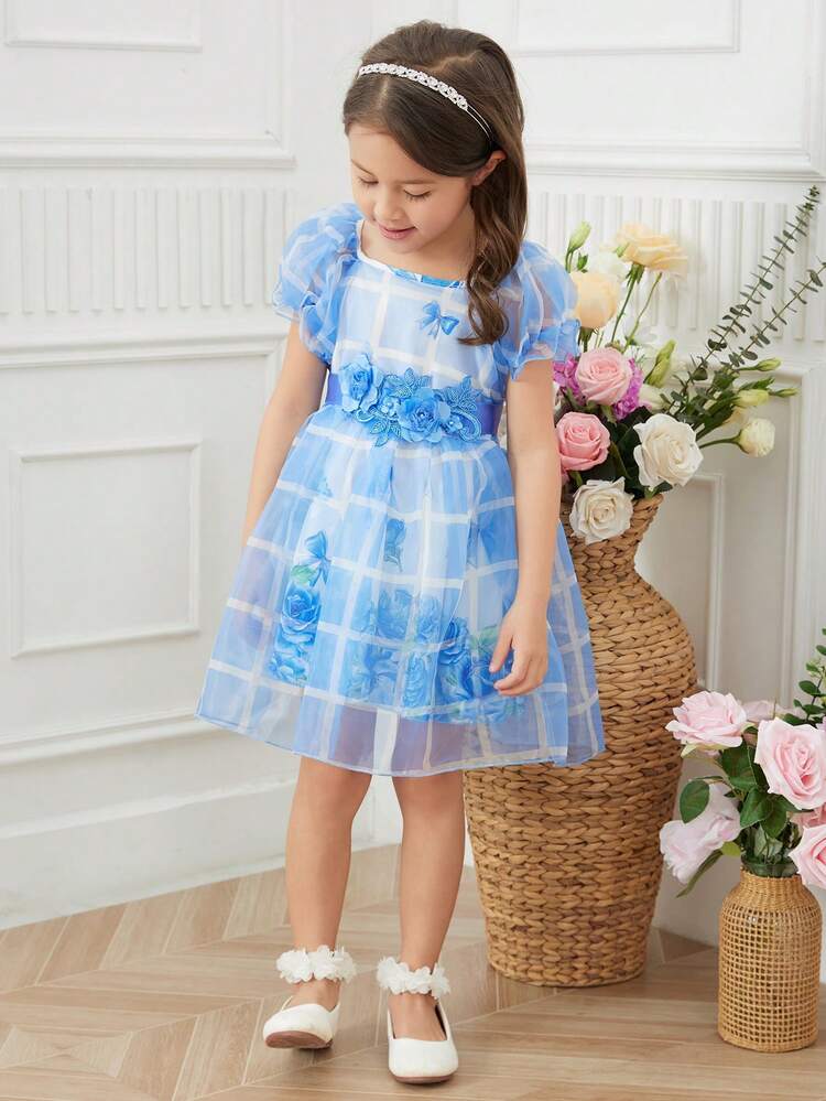 Young Girl's Blue & White Plaid Net Yarn Embroidered Vacation Dress For Summer