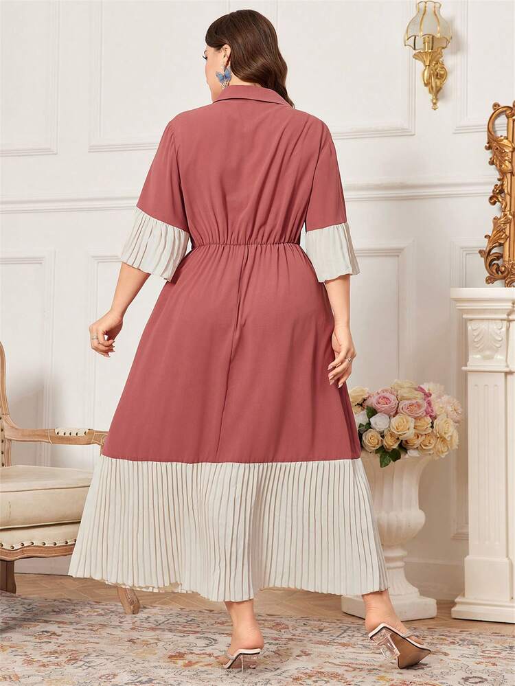 Plus Size Women's Contrast Color Pleated Hem Dress