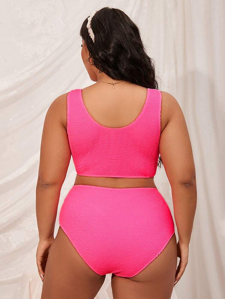Summer Plus Size Texture V-Neck Two-Piece Bikini Set