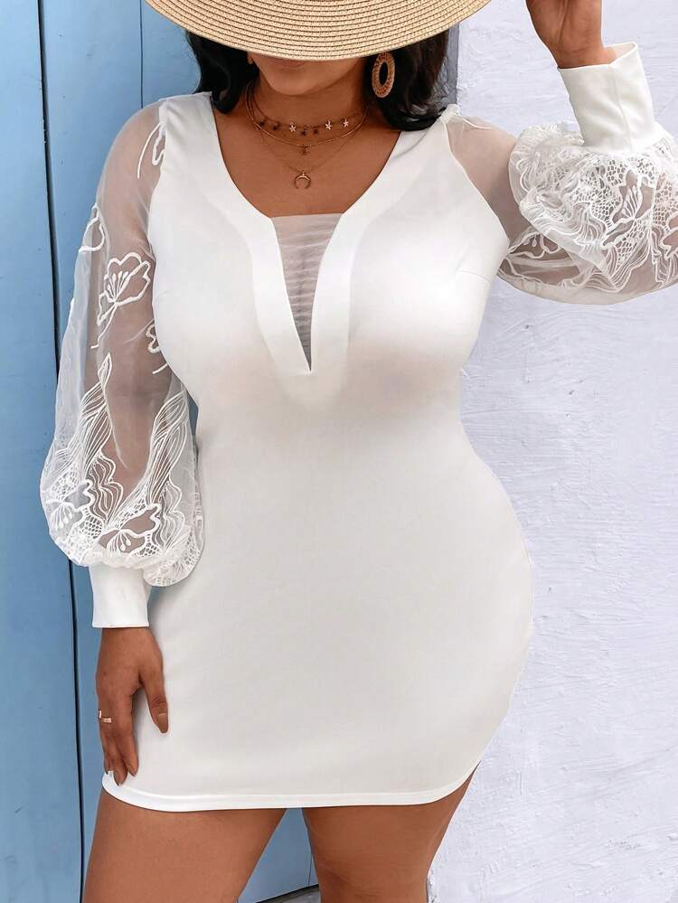 Plus Size Embroidered Mesh Contrast Lantern Sleeve Dress Fall Cloth For Women