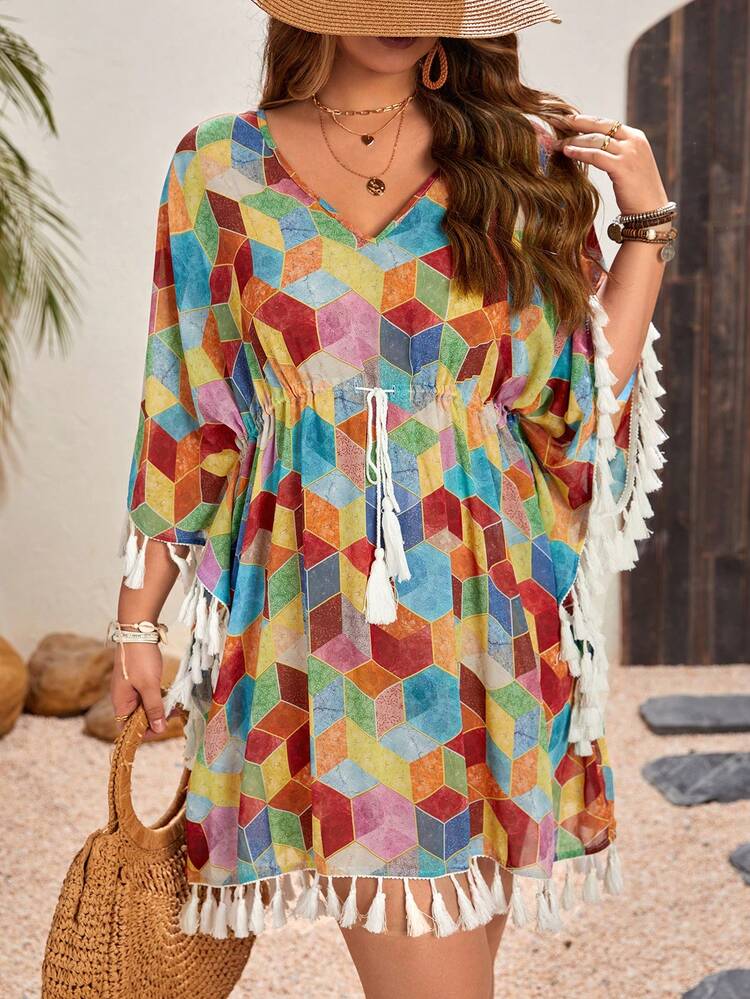 Plus Size Geometric Pattern Printed Fringe Trim Batwing Sleeve Shirt With Drawstring Waist
