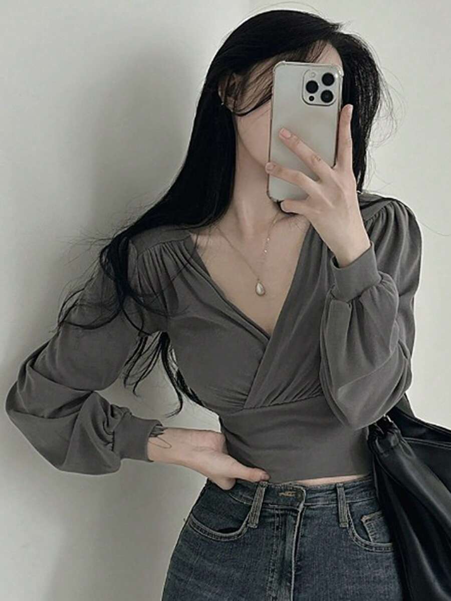 DAZY 女士 V 领长袖 T 恤、秋装、返校服