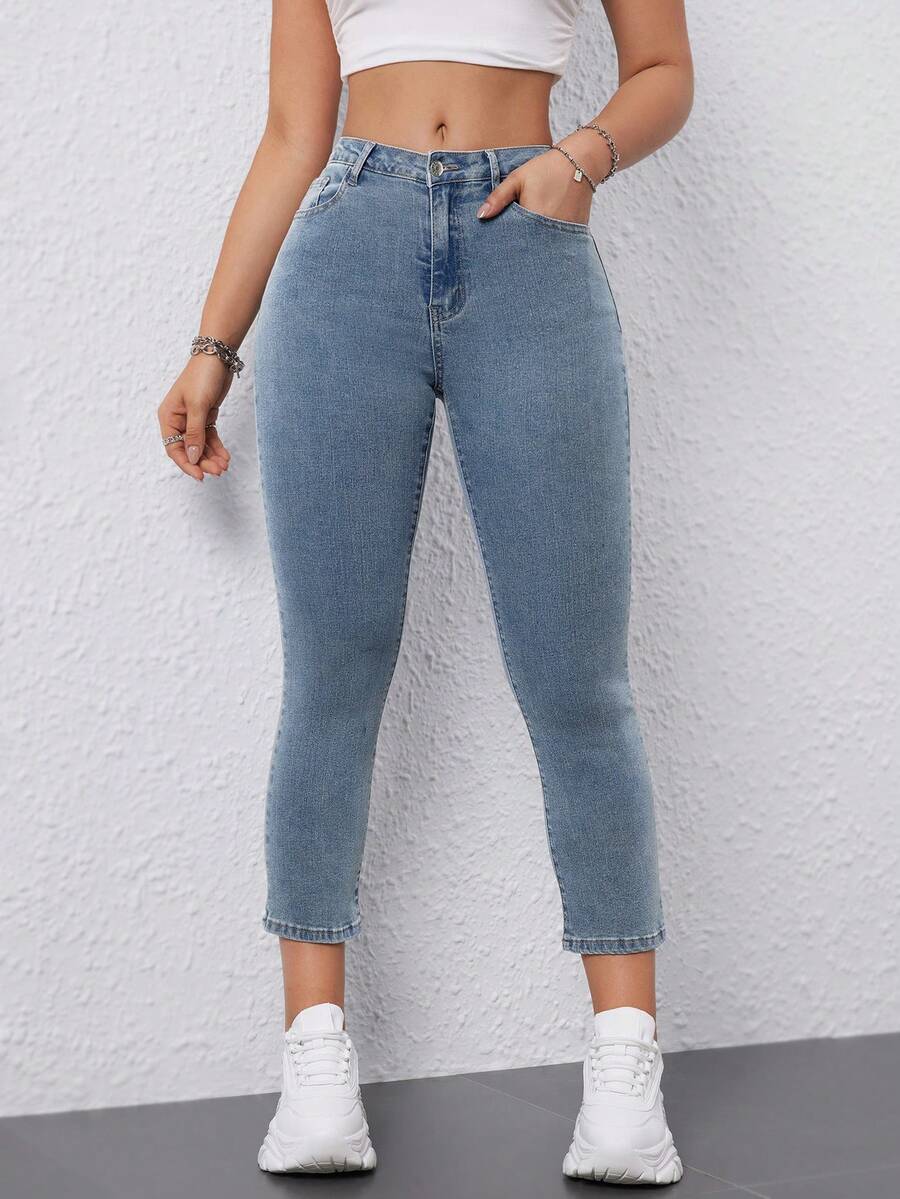 SHEIN EZwear Women's Slim Fit 3/4 Length Denim Pants - Medium Wash - View 1