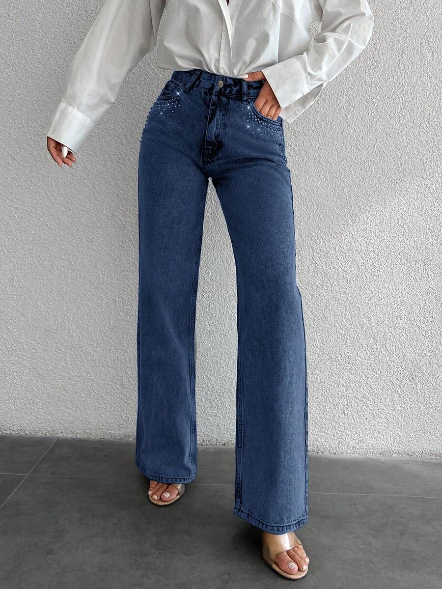 RueChic Women's Straight Leg Jeans With Diamond Embellishment Detail - Dark Wash - View 1