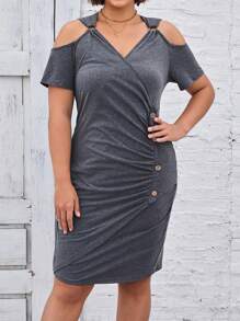 SHEIN LUNE Plus Size Solid Color Button Decorated Wrap Dress - Dark Grey - View 4