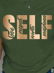 SHEIN 大码女式字母印花圆领短袖 T 恤图案 T 恤女式上衣 - 軍綠色 - 查看 4