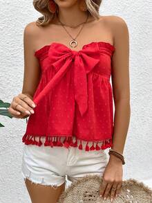 SHEIN VCAY 瑞士小點印花無肩帶上衣,蝴蝶結裝飾流蘇邊緣 - 紅色 - 查看 5