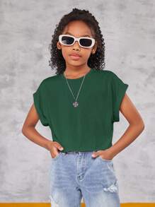 SHEIN Tween Girls' Knitted Solid Short Sleeve Casual Loose T-Shirt With Round Neckline - Green - View 4