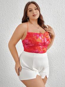 SHEIN Privé Kích thước lớn Của phụ nữ Lãng mạn Mùa Xuân Hoa Lưới In Cami ngọn , trái cam , Không tay Ngắn Chiều dài , Thích hợp Cho du lịch , Kỳ nghỉ Và In Mùa hè - Nhiều màu - Xem 3