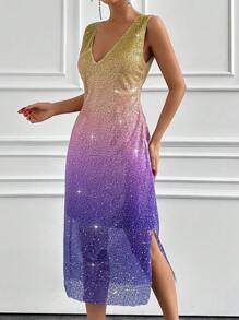 EURMUSE Gradient Sparkle V-Neck Slim Fit Split Hem Dress - Multicolor - View 6