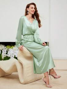 MOTF PREMIUM 絲燈籠袖扣帶連衣裙 - 綠色 - 查看 6