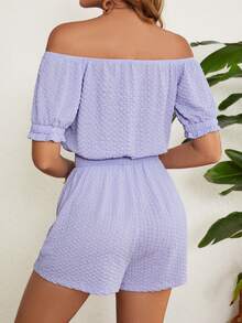 SHEIN VCAY Của phụ nữ Màu thuần Off Shoulder Ngắn tay Eo Buộc Romper - Màu xanh lam - Xem 2