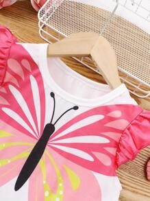 Camiseta de manga corta con cuello redondo y estampado de mariposas para niña