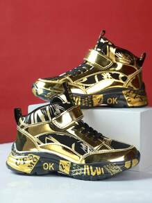 1pair Kids' Winter Sports Shoes, Mid-Top, Mirror Pu Leather With Warm Lining - Gold - View 4