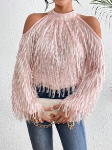 Chiquease Women's Open Shoulder Long Sleeve Fringe Top