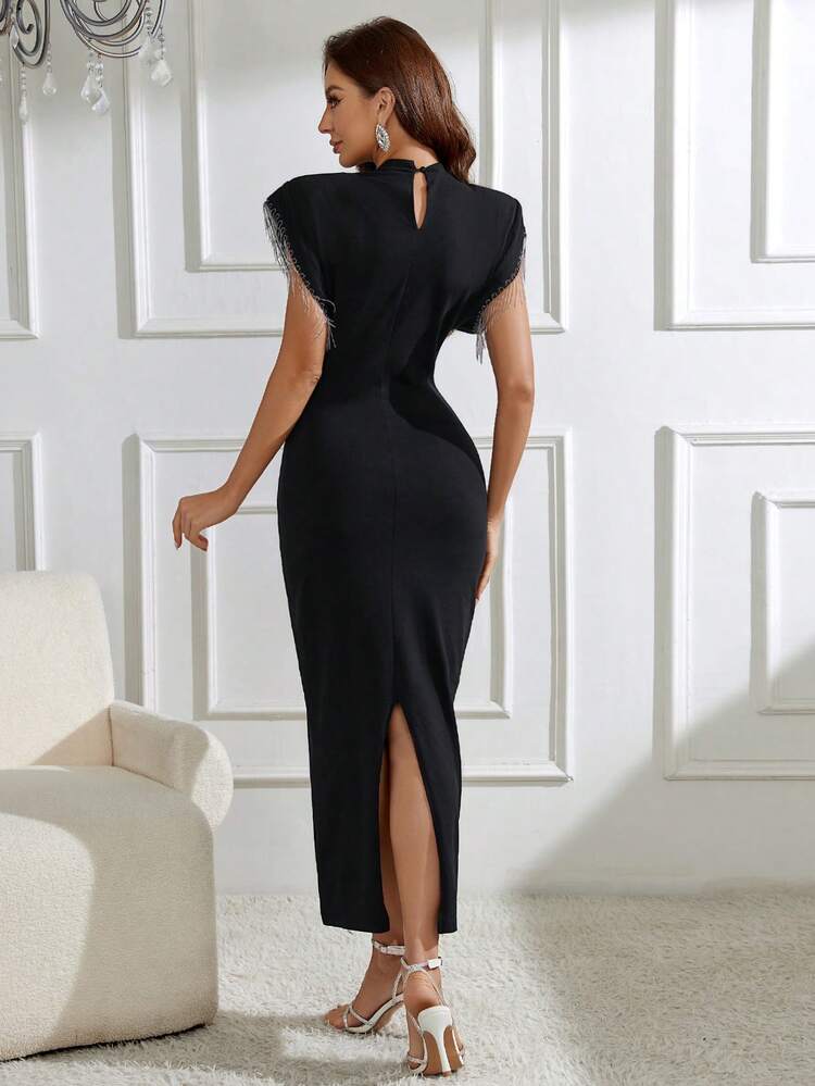 Women's Fringed Sleeve Cuff Slim Fit Bodycon Dress Long Evening Dresses