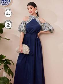 Al Najma Women's Cold Shoulder Patchwork Lantern Sleeve Dress - Blue - View 1