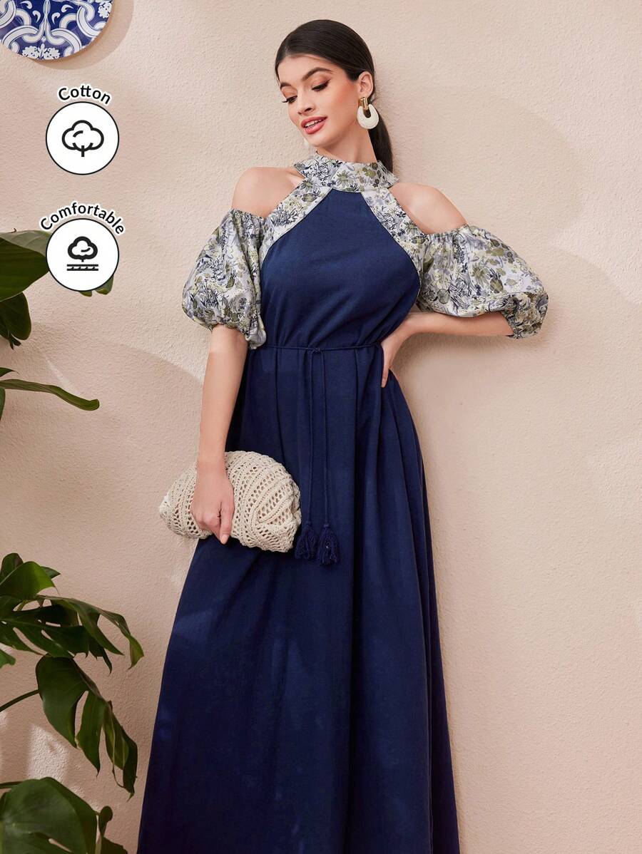 Al Najma Women's Cold Shoulder Patchwork Lantern Sleeve Dress - Blue - View 1