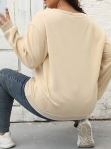 Calvaya Plus Letter Graphic Drop Shoulder Thermal Sweatshirt - Khaki - View 2