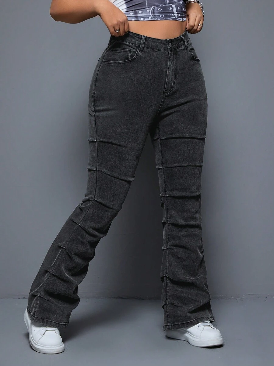 SHEIN ICON Kích thước lớn Của phụ nữ Quần denim Với Túi Và Xếp - màu đen - Xem 1