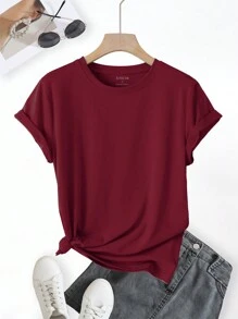 INAWLY Solid Color Round Neck Casual Short Sleeve T-Shirt - Maroon - View 1
