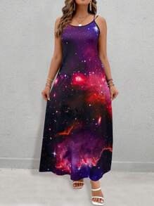SHEIN LUNE 大尺碼寬鬆星空印花細肩帶連身裙 - 彩色 - 查看 3
