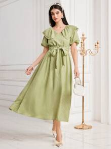 Modelyn 女用紋理燈籠袖連身裙 - 橄欖綠 - 查看 7