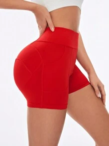 Yoga Basic Solid Color Wide Waistband With Pockets Sports Shorts Booty Shorts - Red - View 4