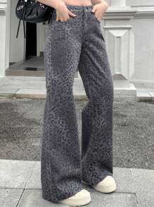 DAZY Women's Leopard Print Wide Leg Jeans - Grey - View 4