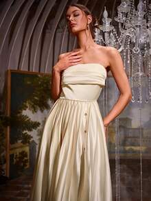 Sollinarry Hollow Out & High Slit Strapless Cocktail Dress - Champagne - View 3