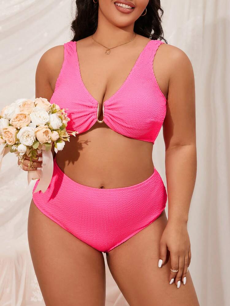 Summer Plus Size Texture V-Neck Two-Piece Bikini Set