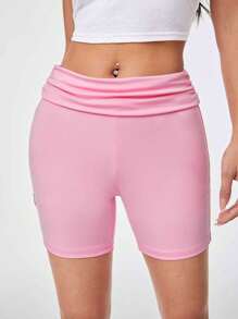 SHEIN Qutie Của phụ nữ Màu hồng Gấp lại Dây thắt lưng Cơ bản Quần short - Hồng - Xem 1