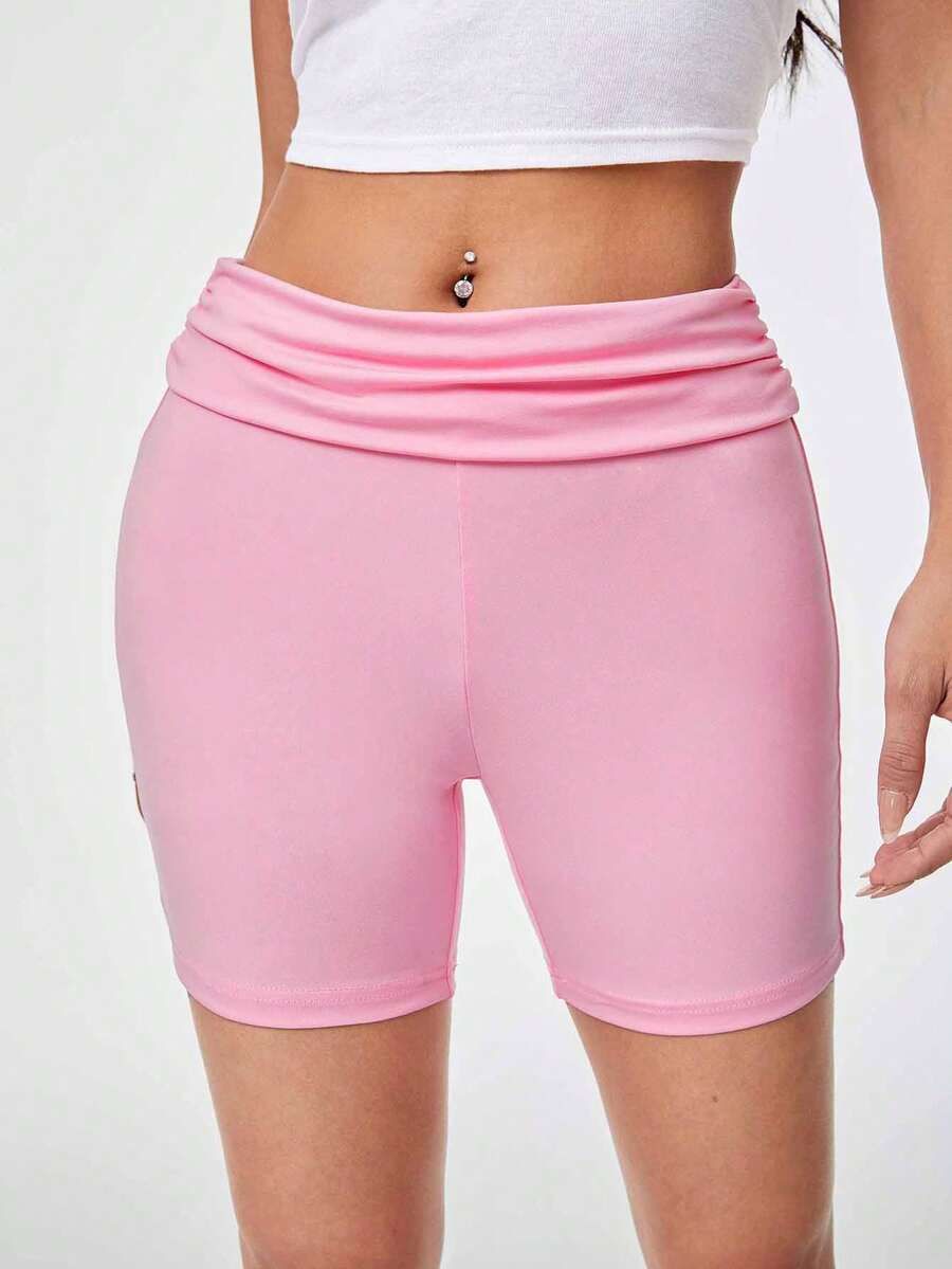 SHEIN Qutie Của phụ nữ Màu hồng Gấp lại Dây thắt lưng Cơ bản Quần short - Hồng - Xem 1