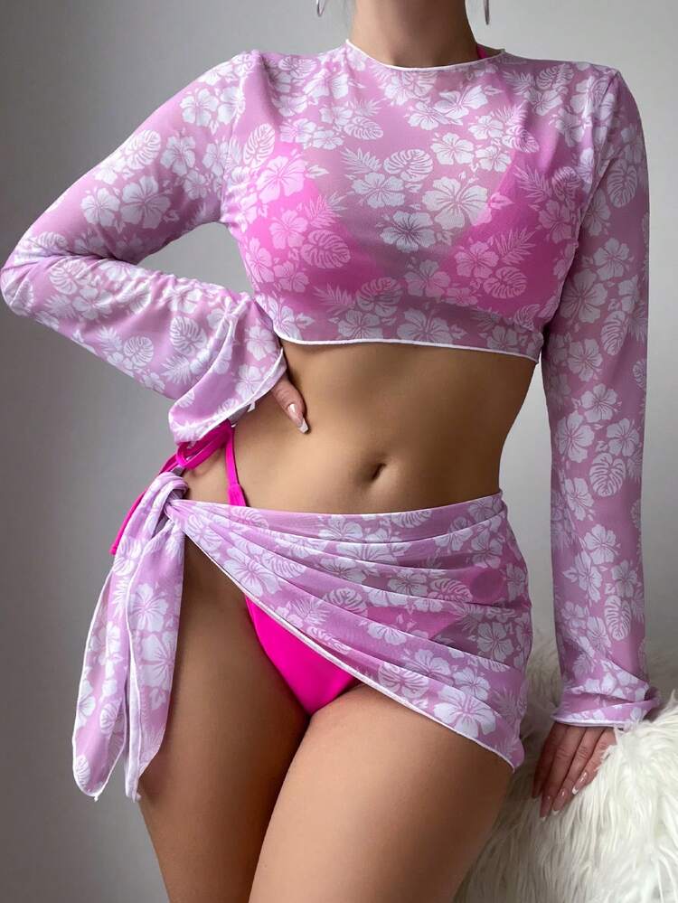 Solid Color Knot Side Bikini Set And Floral Mesh Cover Up Set For Summer Beach Vacation