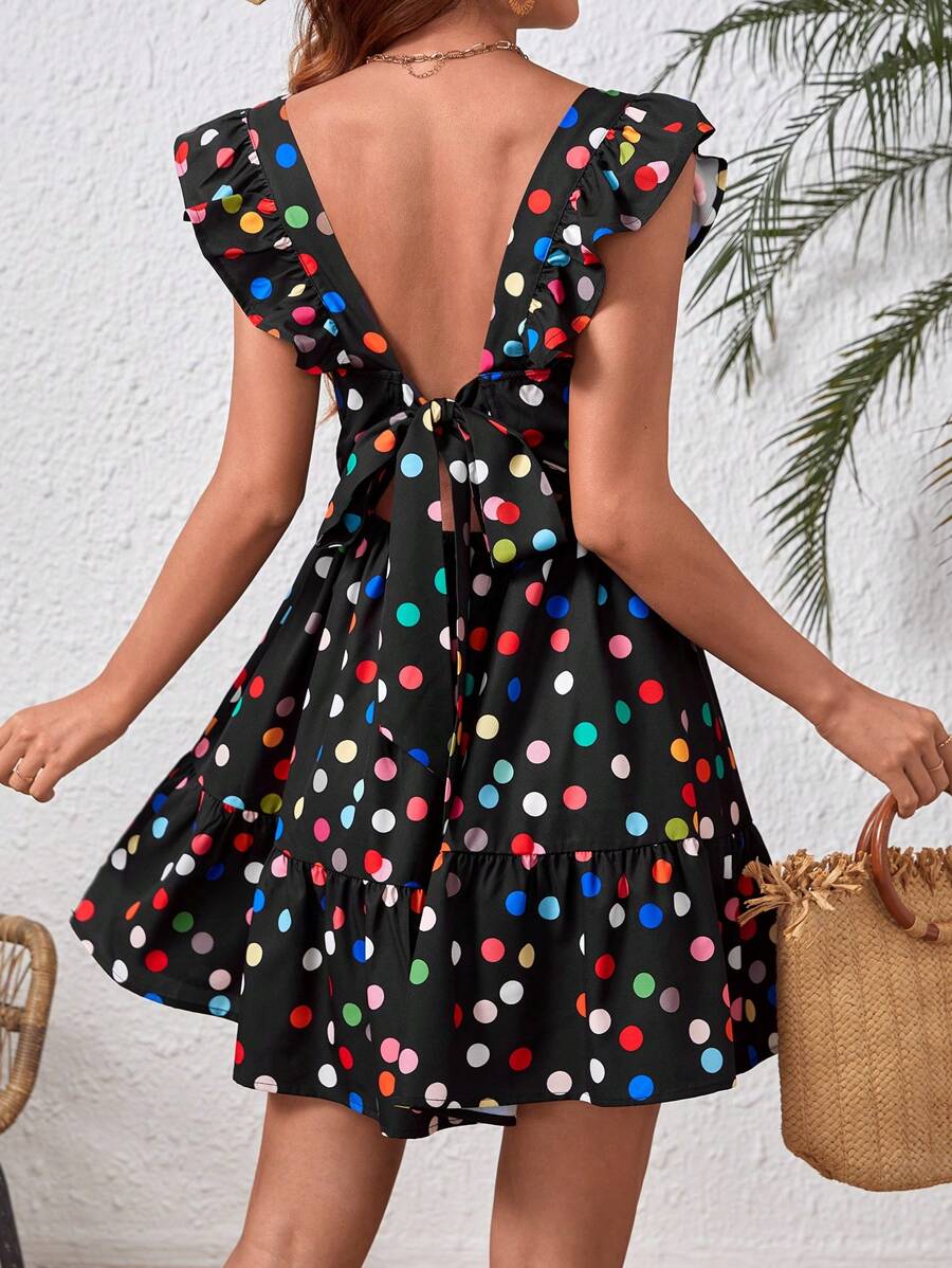 SHEIN VCAY Polka Dot Print Square-Necked Backless Ruffled Trimmed Dress ...