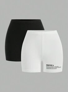 SHEIN Essnce 休閒簡約字母紋編織彈性短褲,適用於夏天女性 - 黑與白 - 查看 1