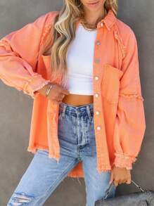 Women's Raw Edged Long Sleeve Denim Blouse - Orange - View 1