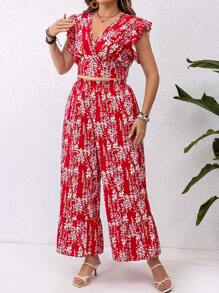 SHEIN Clasi Plus Size Floral Printed V-Neck Ruffle Trim Top And Loose Wide Leg Pants For New Year Clothes - Red - View 6