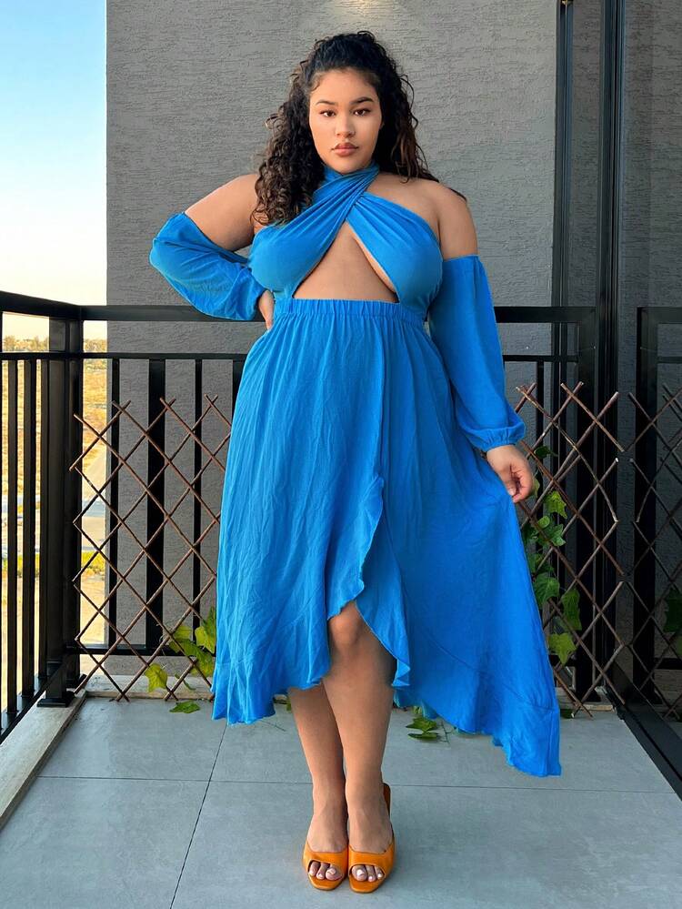 Plus Size  Off The Shorder  Criss Cross Strappy High Slit Ruffled Resort Dress